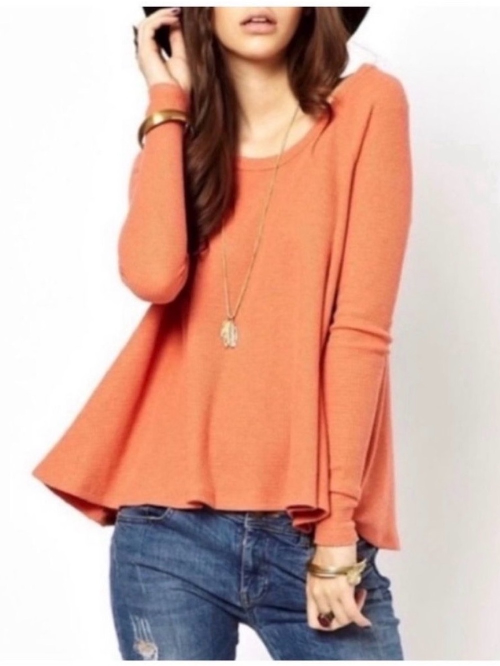 Free People We The Free Swing Thermal Top Oversized Waffle Knit Orange Size M